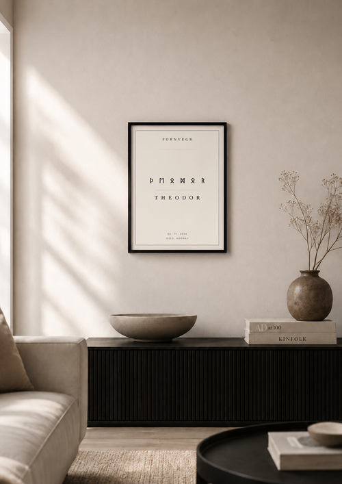 Personalized Elder Futhark name print in a Nordic interior