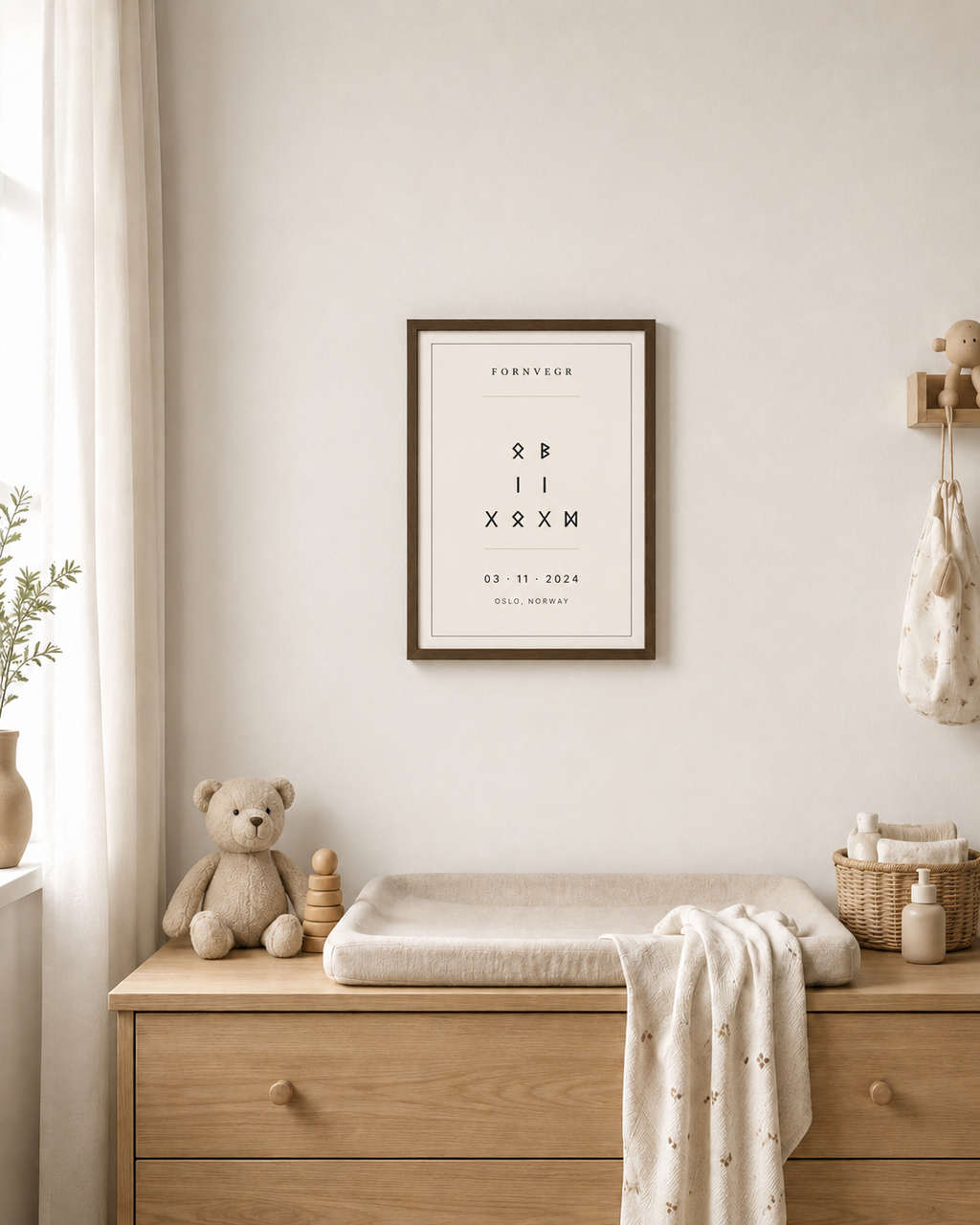 Personalized runic birth marker print in a Nordic interior