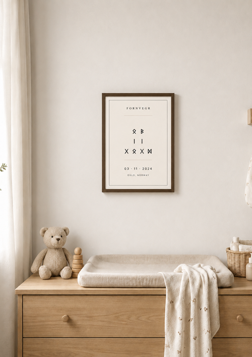 Personalized runic birth marker print in a Nordic interior
