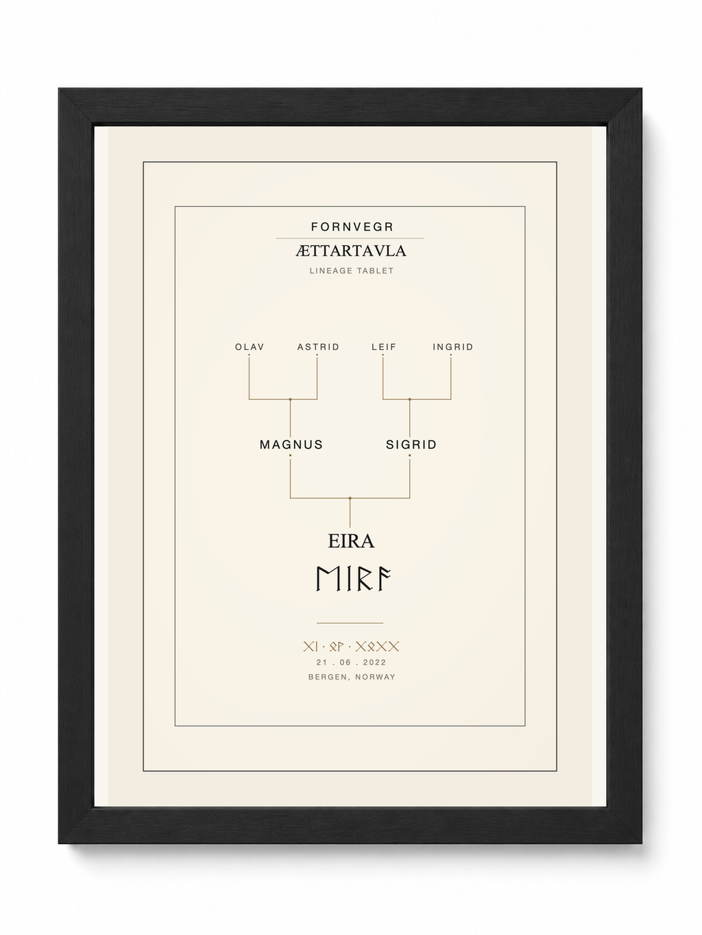 Ættartavla lineage tablet in a black frame: a three-generation Nordic family tree with the main name in Elder Futhark runes