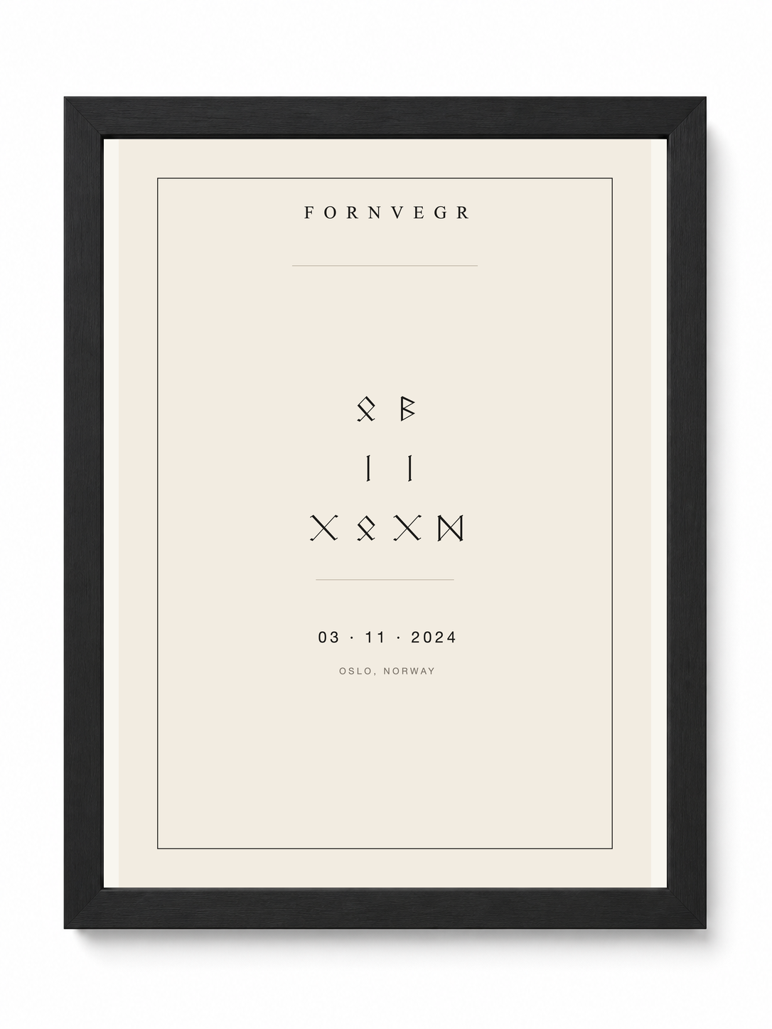 Personalized Runic Birth Marker in a clean black frame