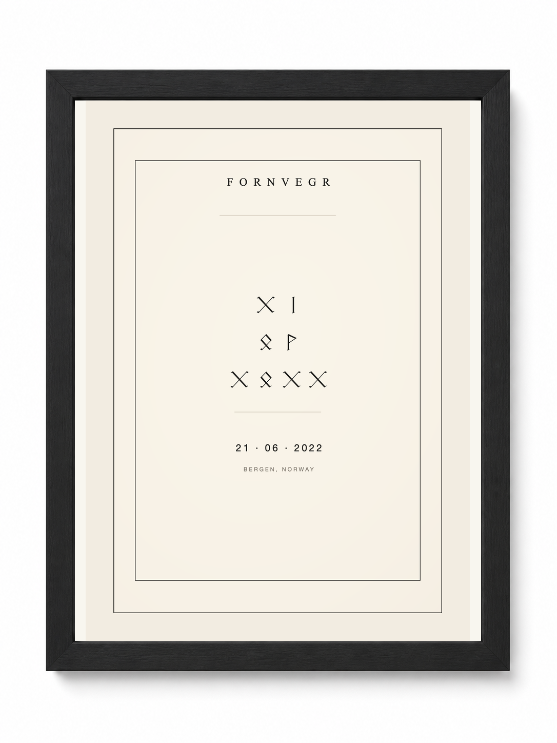 Personalized runic birth marker in a black frame: day, month and year in rune digits above the date in numbers and the birthplace