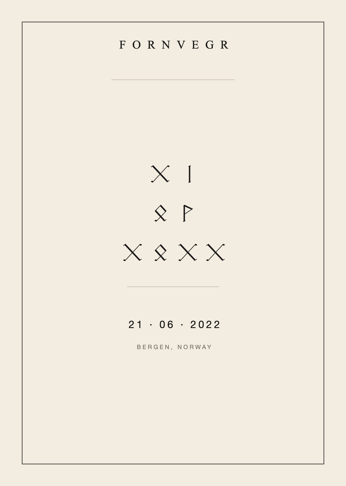 Unframed runic birth marker artwork on ivory paper: rows of rune digits for day, month and year, with the date and Bergen, Norway beneath