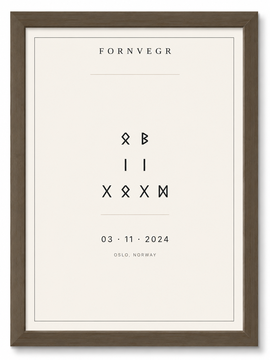 Dark wood framed runic birth marker print