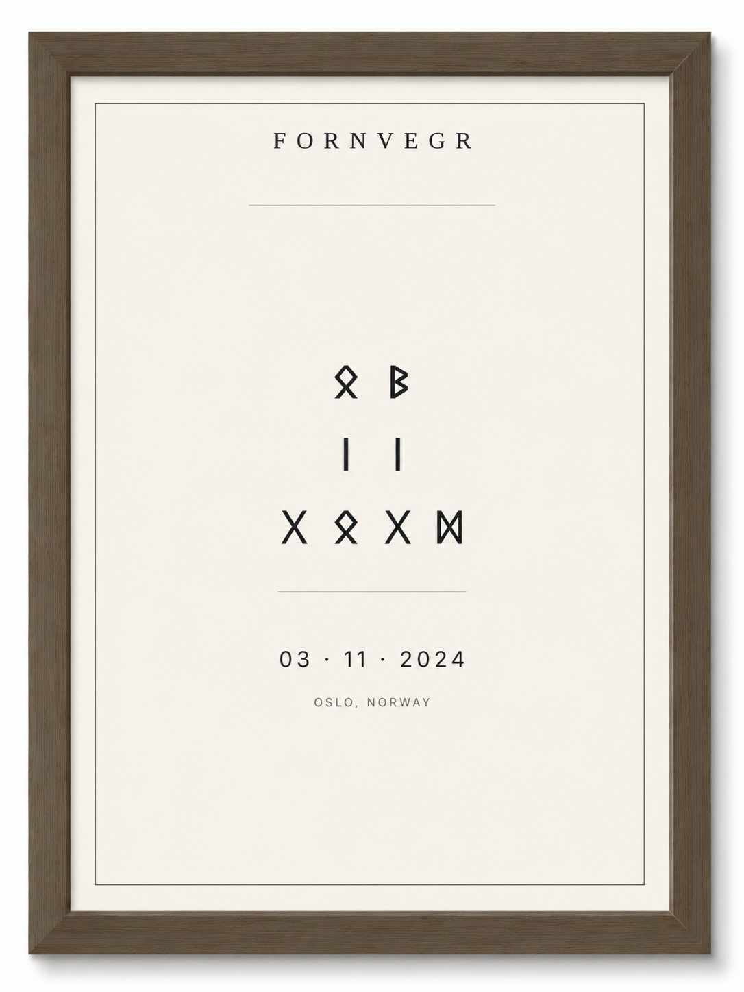 Dark wood framed runic birth marker print