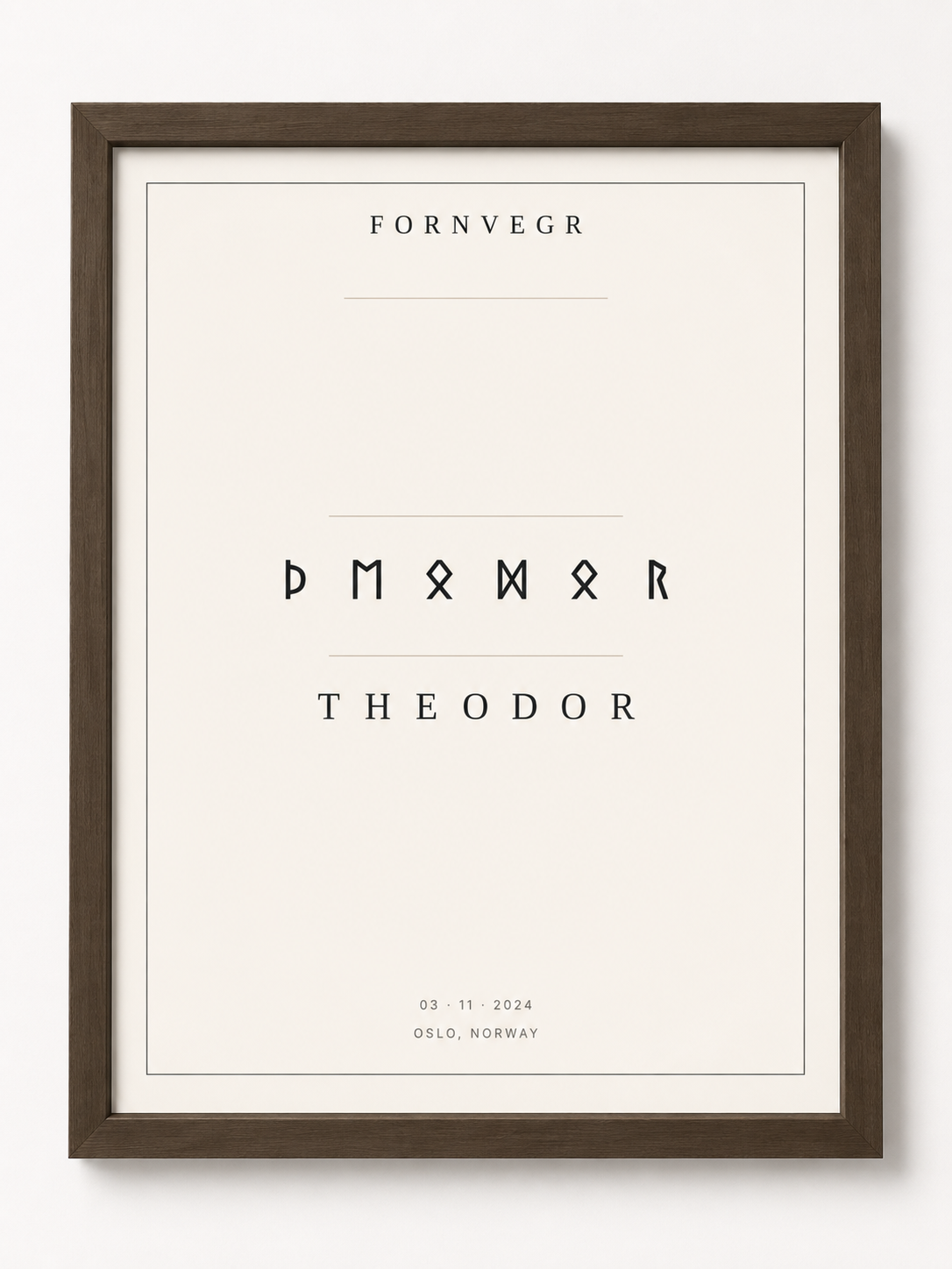 Dark wood framed personalized Elder Futhark name print