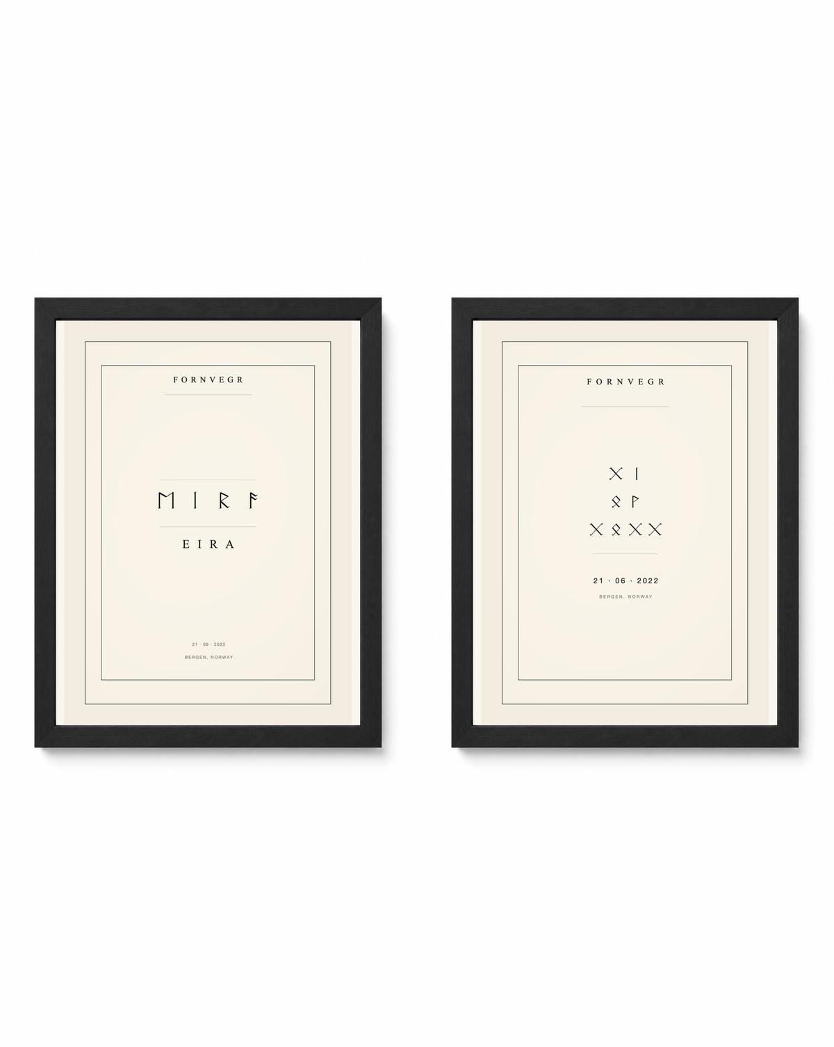 The gift set pair shown in black frames for display: name print and birth marker side by side (frames not included in the set)