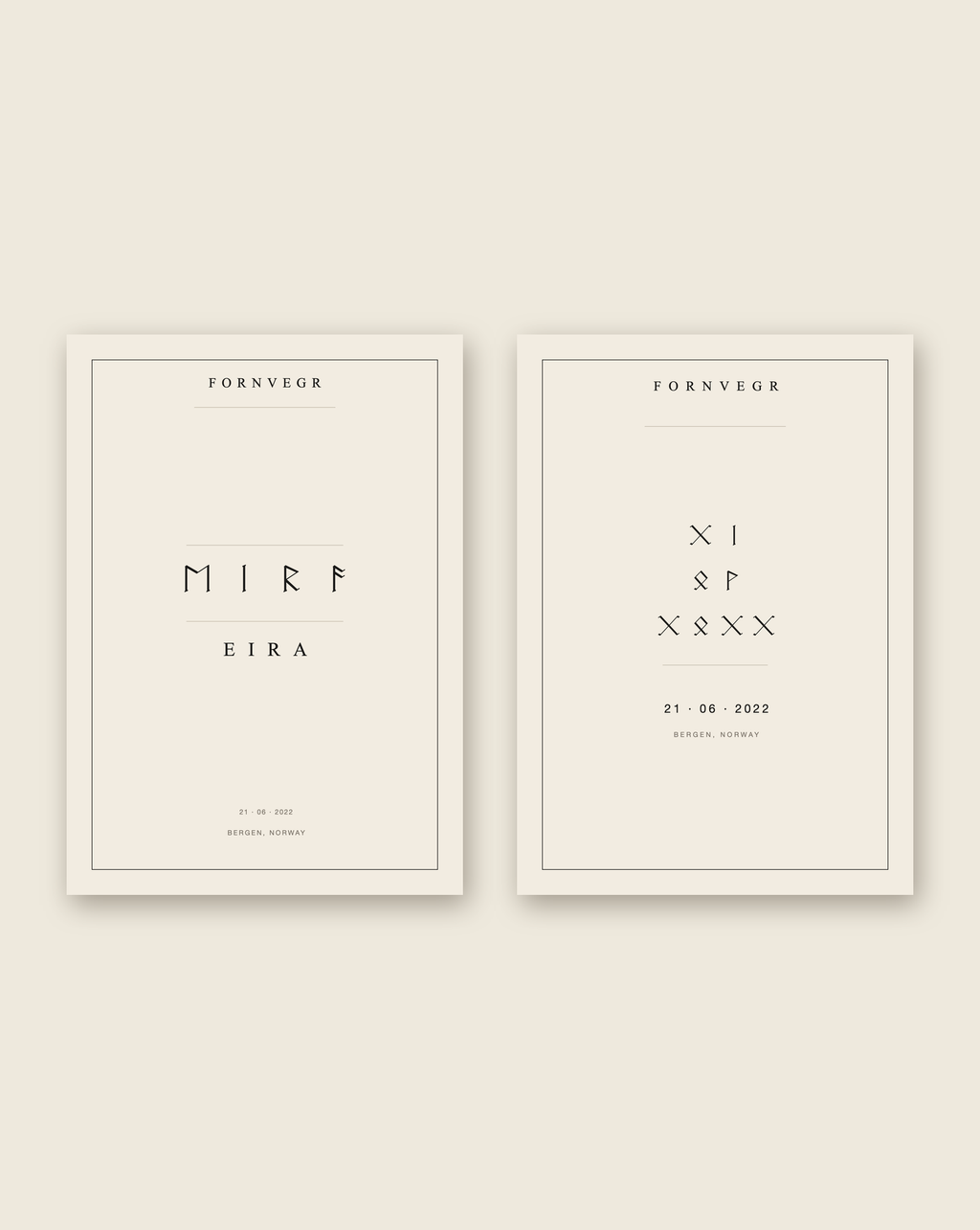 Name Print and Birth Marker gift set: two unframed A4 prints side by side, the name Eira in runes and a birth date in rune digits