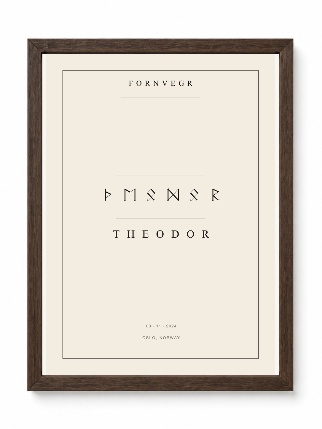Personalized Elder Futhark Name Print in a clean dark wood frame
