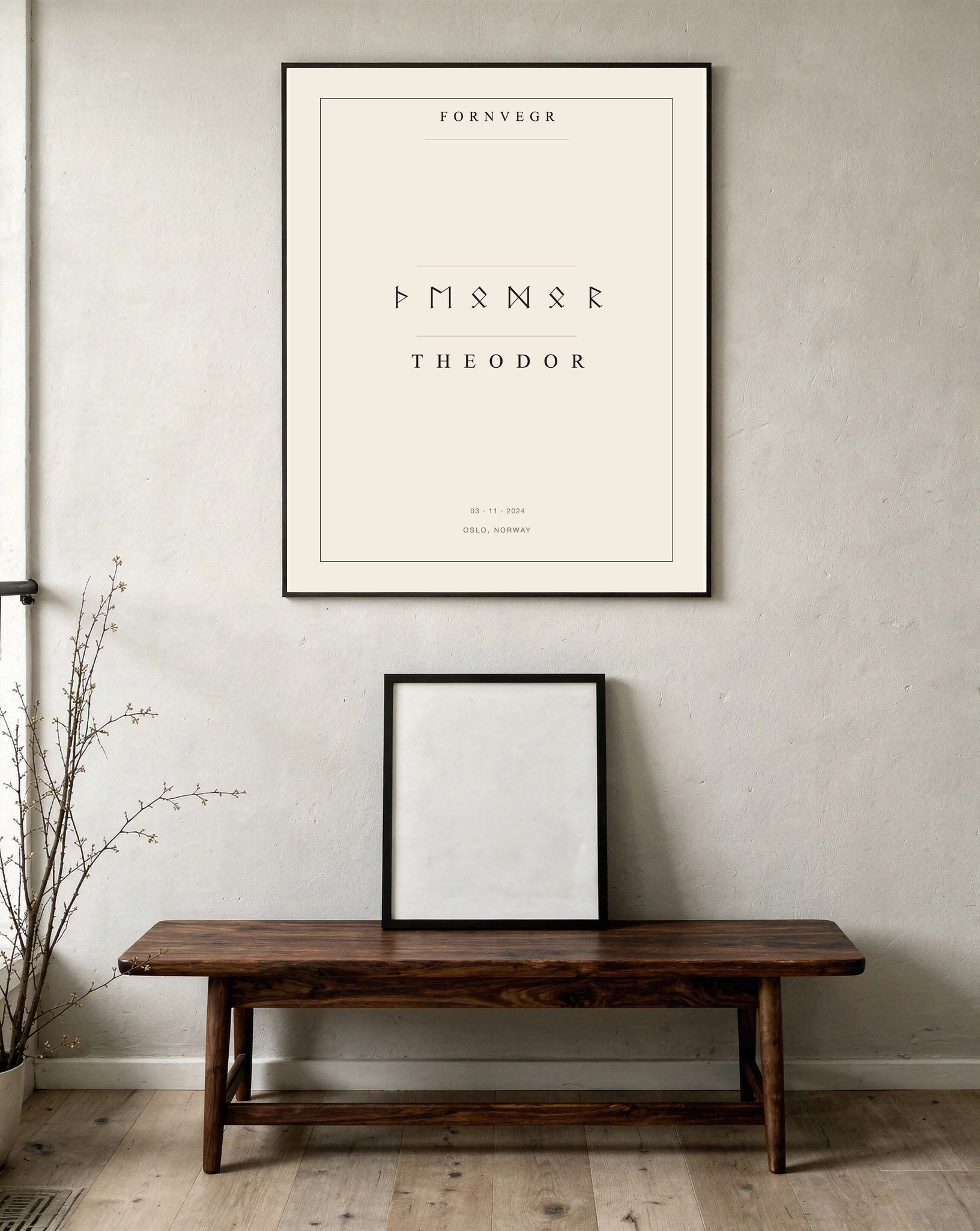 Personalized Elder Futhark Name Print in a black frame in a hallway setting