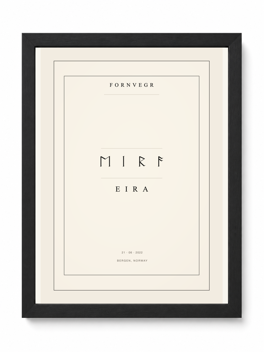Personalized Elder Futhark name print in a black frame, sample name Eira written in runes above the name in letters