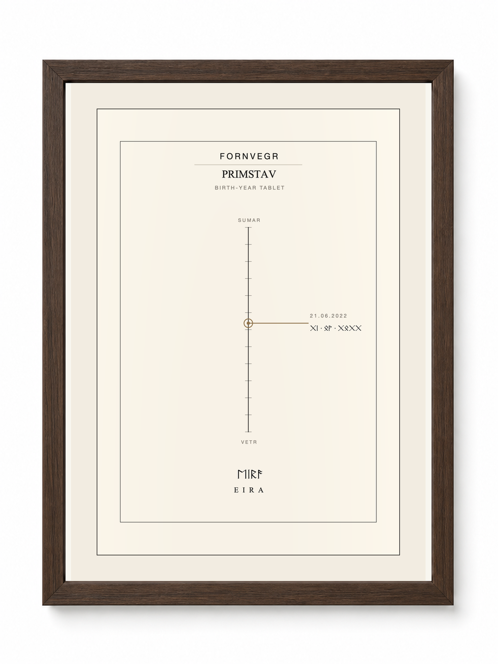 Primstav birth-year tablet in a dark wood frame, a birth date marked on the year line and the name in Elder Futhark runes
