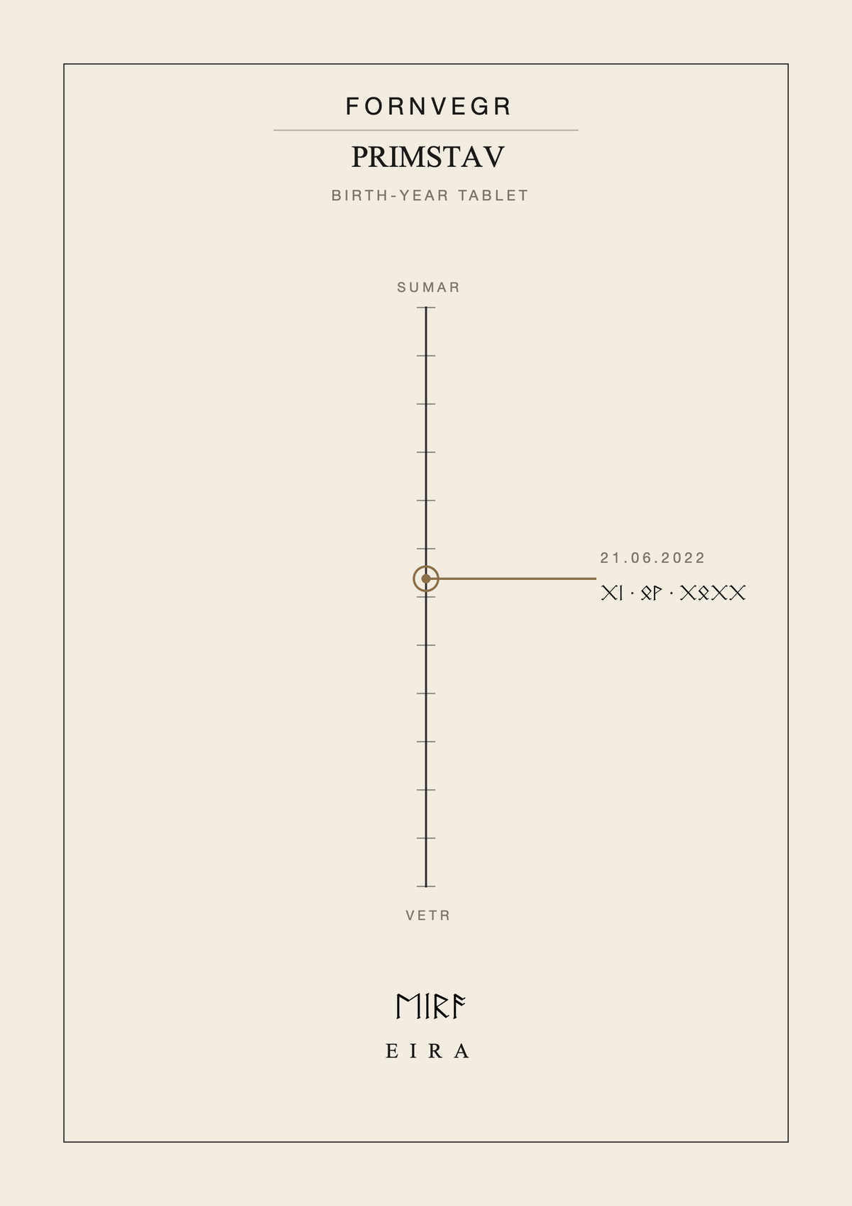 Unframed primstav birth-year artwork: a summer-to-winter year line with one birth date marked in bronze and the name Eira in runes
