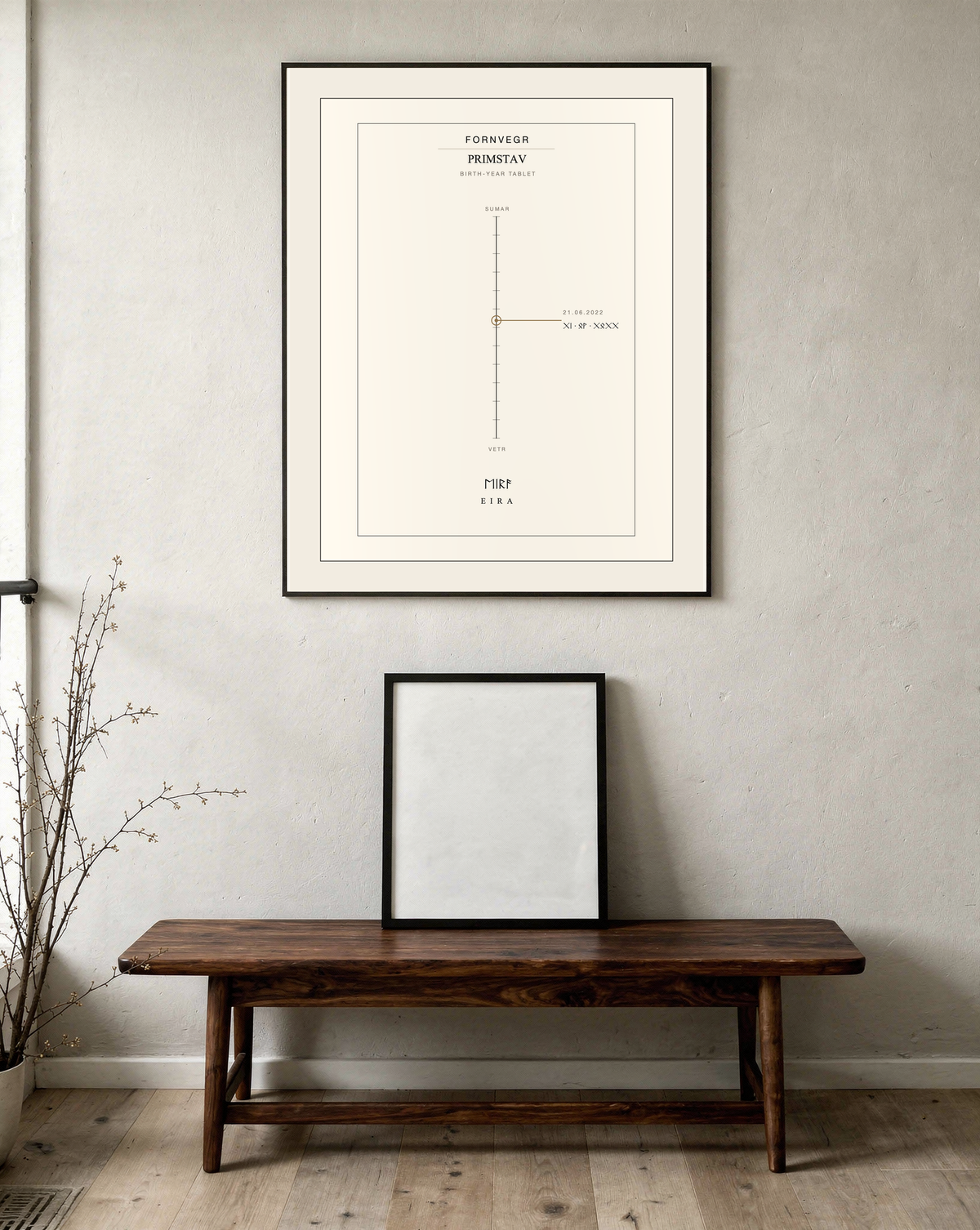 Primstav birth-year print in a black frame on a hallway wall above a dark wooden bench